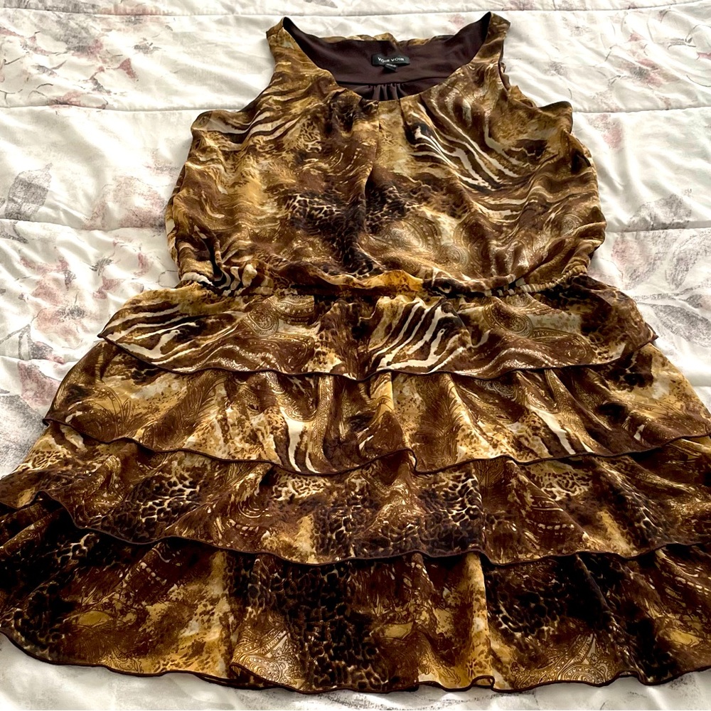 Voir Voir animal print leopard ruffle sleeveless boho fall mini dress, size 14